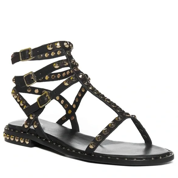 NEW Ash Play Stud Leather Embellished Sandals Black Gold Size 37 US 7 - Picture 2 of 8